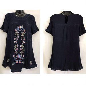 En Creme Navy Blue Embroidered Lace Trim Tunic Top Simons